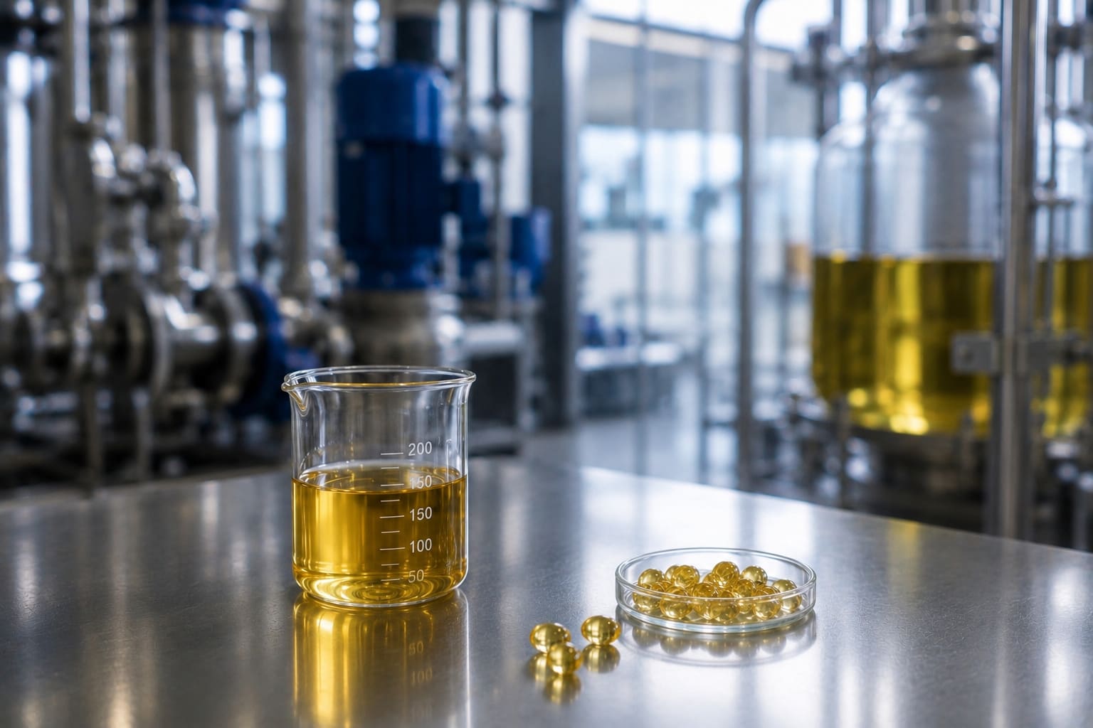 Natural vitamin E — tocopherol oil in laboratory glassware and softgel capsules at the production plant