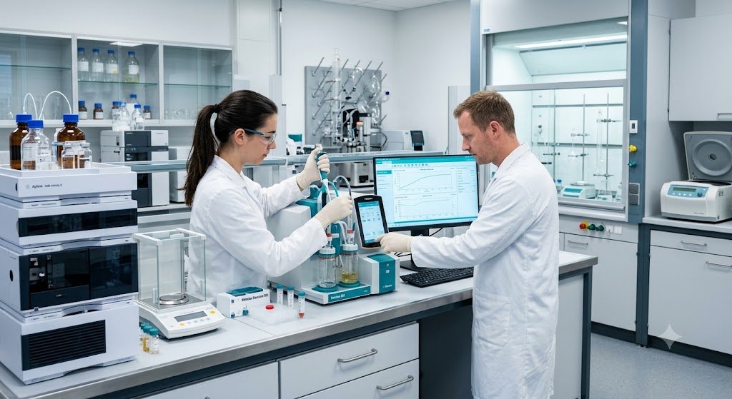 Researchers analyzing samples in the Bionathealth R&D laboratory