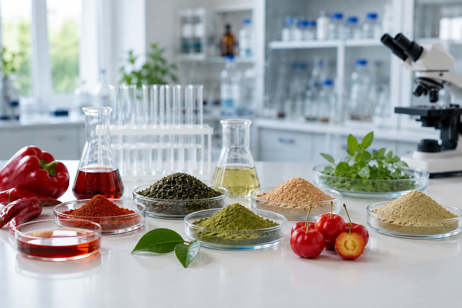 Natural extract ingredients — paprika, green tea, acerola and botanical extract powders in a laboratory
