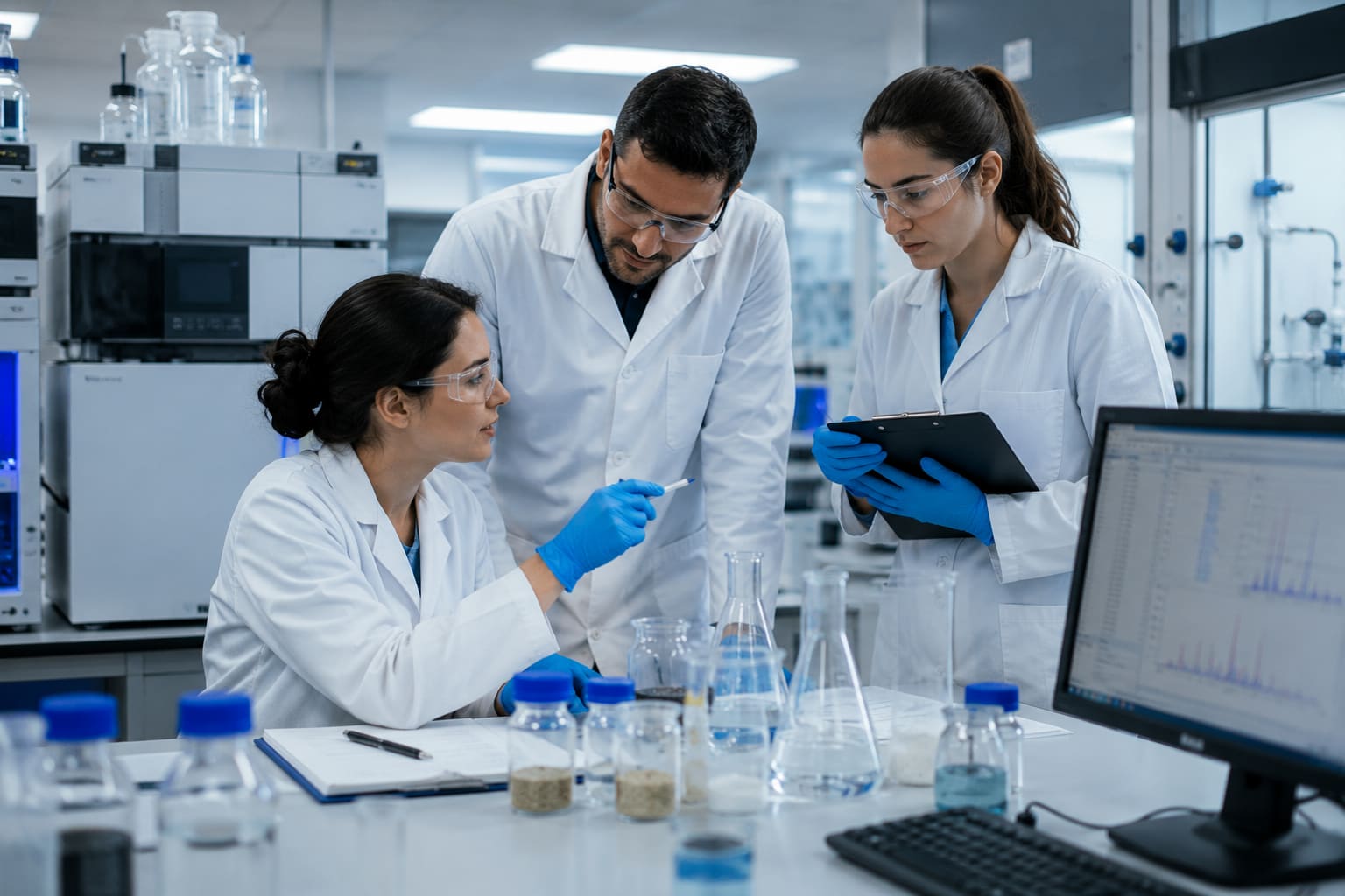 Bionathealth researchers reviewing sample analyses in the laboratory